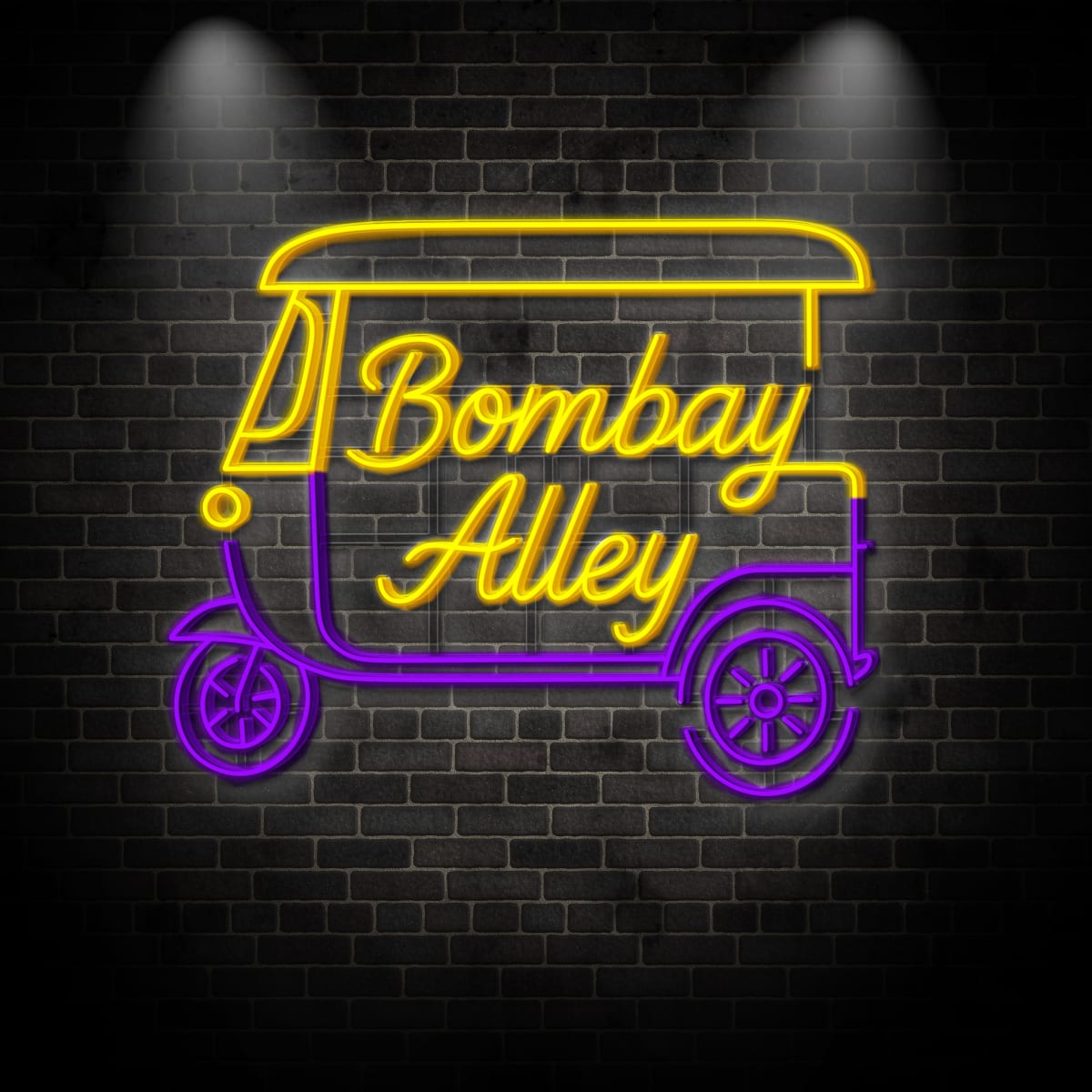 Neon "Rickshaw with lettering “Bombay Alley”"