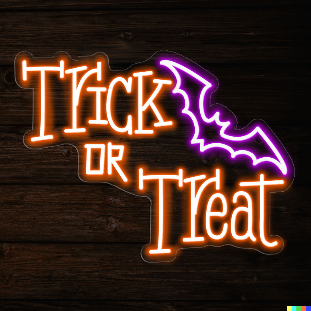 "Trick or Treat" neon sign for Halloween party with LED lighting.