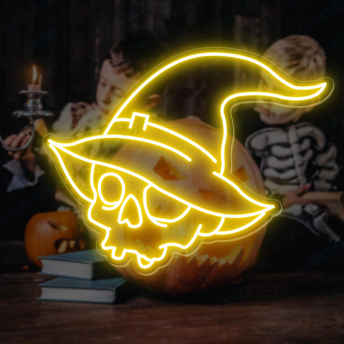 Chapeau magique de Halloween avec tête de mort - Enseigne lumineuse LED