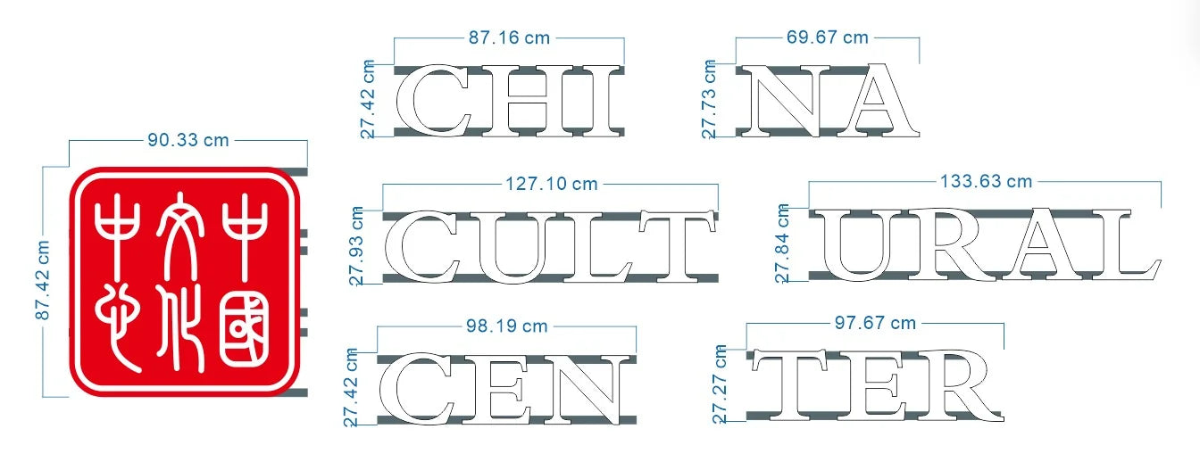 Plan der einzelnen Elemente der Leuchtreklame des China Cultural Center: Logo und Buchstabengruppen.
