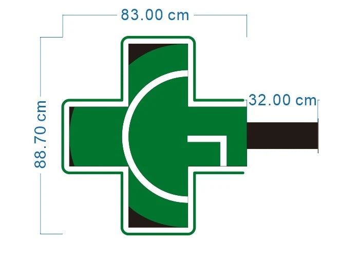 Masszeichnung eines grünen Apothekenkreuzes mit weissem Motiv: 83 cm breit, 88,70 cm hoch und eine Ausladung von 32 cm laut Zeichnung.