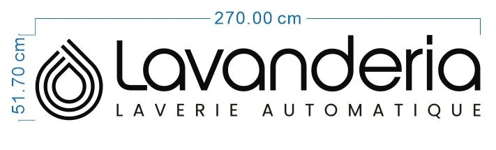 Bemasste Zeichnung des Lavanderia-Schriftzugs mit dem Zusatz LAVERIE AUTOMATIQUE, 270 cm breit und 51,70 cm hoch.