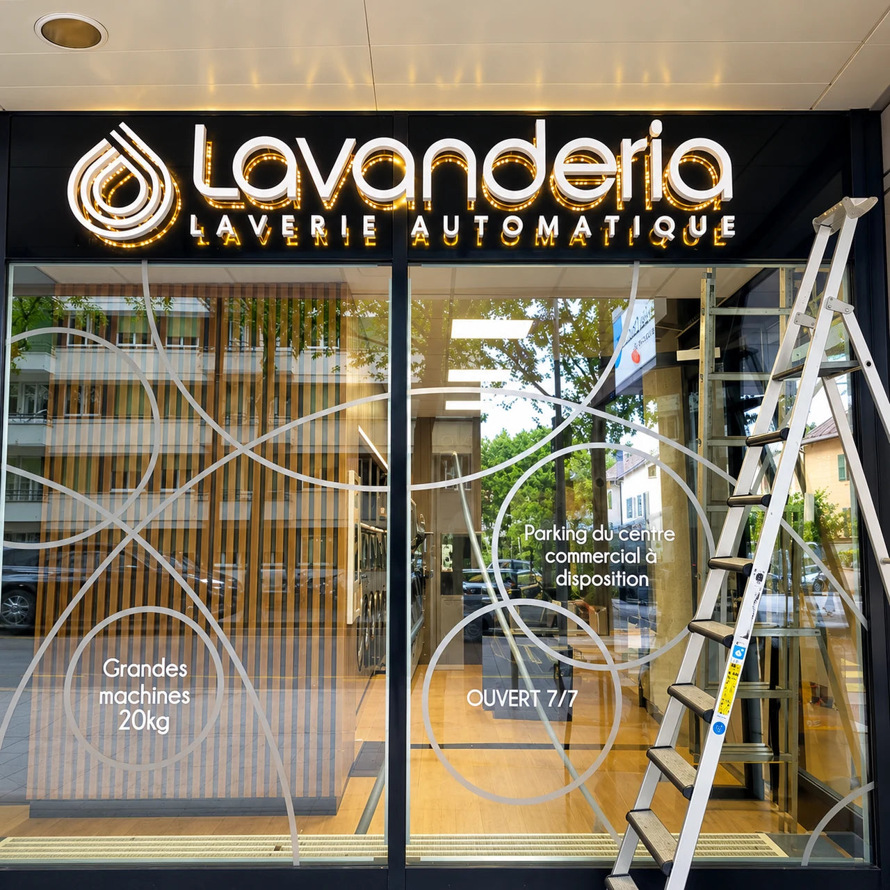 Completed Lavanderia backlit sign installed on the storefront in Geneva.
