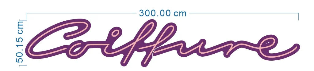 Masszeichnung der Coiffure-Leuchtschrift in Schreibschrift mit einer angegebenen Breite von 300 cm und einer Höhe von 50,15 cm.