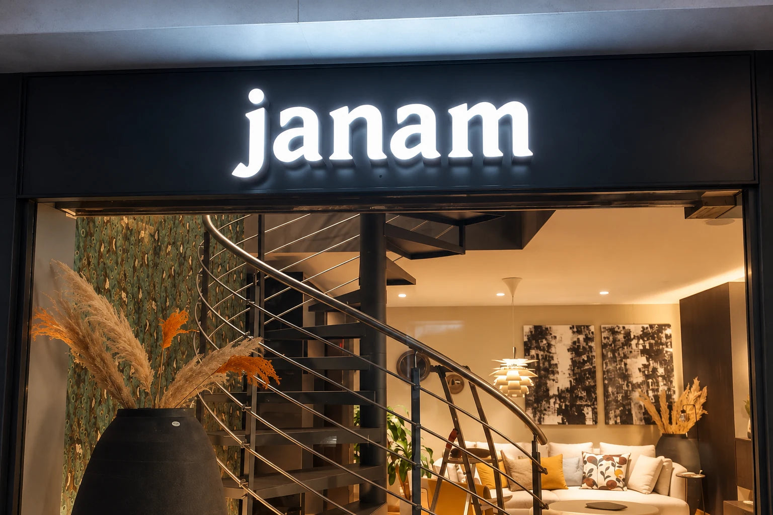 Realistic mockup of the janam sign: white illuminated letters with black sides on a dark storefront.