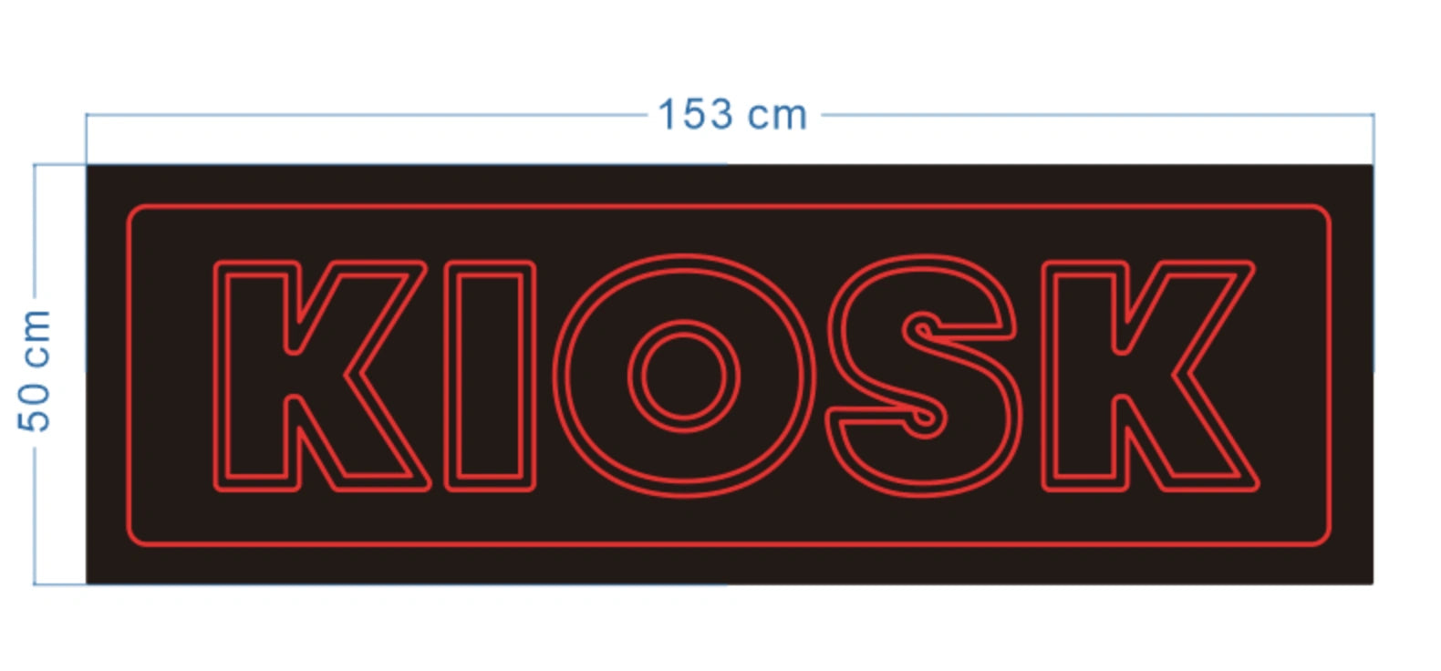 Gestaltungsentwurf des KIOSK-Schilds mit roten Konturen auf dunklem Hintergrund und den angegebenen Massen 153 cm Breite und 50 cm Höhe.