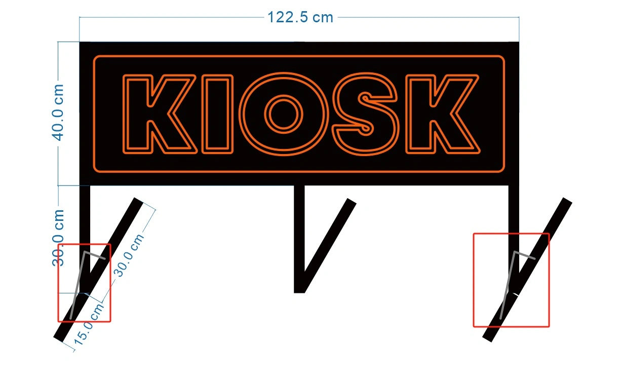 Gestaltungszeichnung des KIOSK-Schilds mit einem angegebenen Paneelformat von 122,5 × 40 cm und einer Stützkonstruktion.