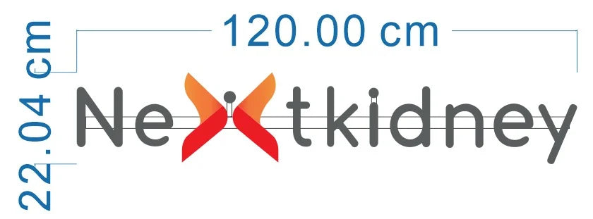 Dimensioned Nextkidney sign design, with a coloured logo and black lettering, showing a width of 120 cm and a height of 22.04 cm.