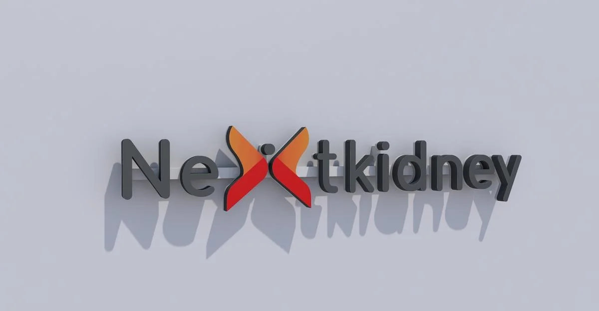 Design mockup of the Nextkidney sign, combining a coloured logo and raised black lettering on a light wall.
