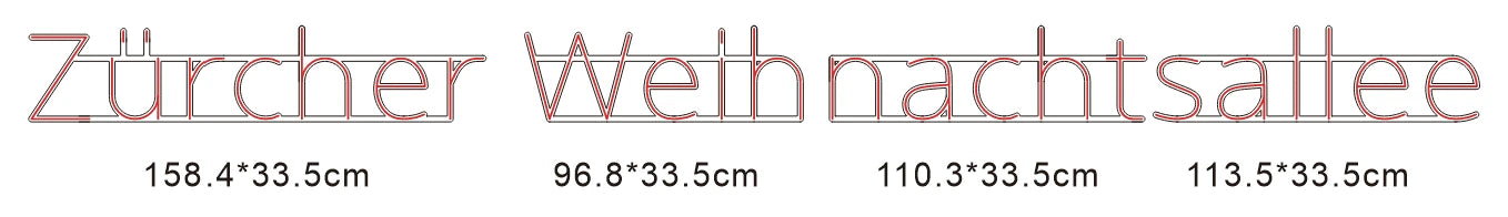 Technische Zeichnung des Schriftzugs Zürcher Weihnachtsallee mit vier Modulen.